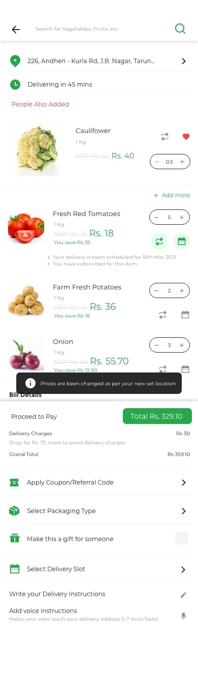Cart showing prices changed notice before checkout.