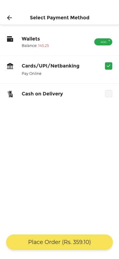Payment selection screen.