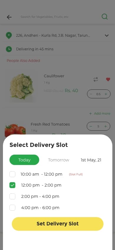 Delivery slot selection showing availability.