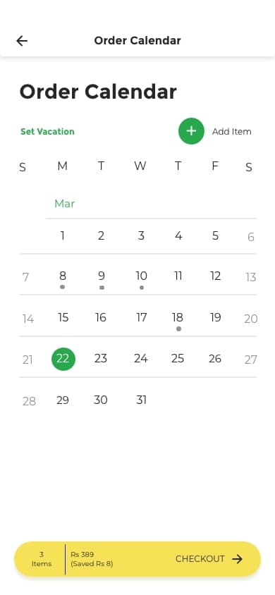 Subscription calendar showing scheduled deliveries.