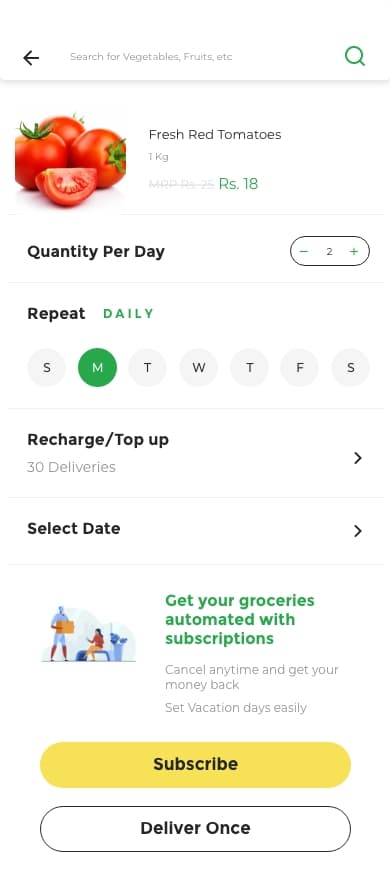 Create subscription flow for a recurring produce delivery.