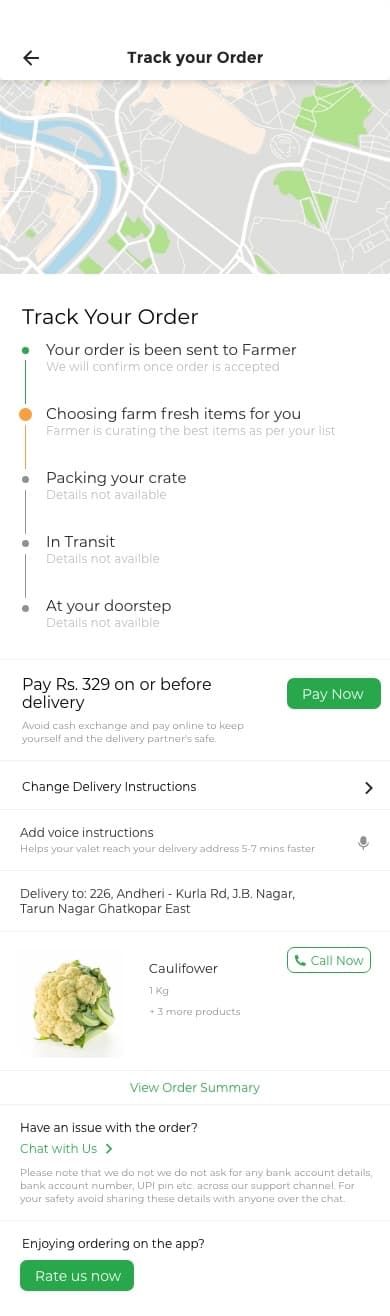 Order tracking showing the farm-to-doorstep journey.