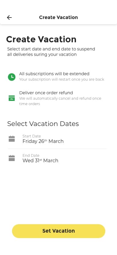 Set vacation flow pausing deliveries for a date range.