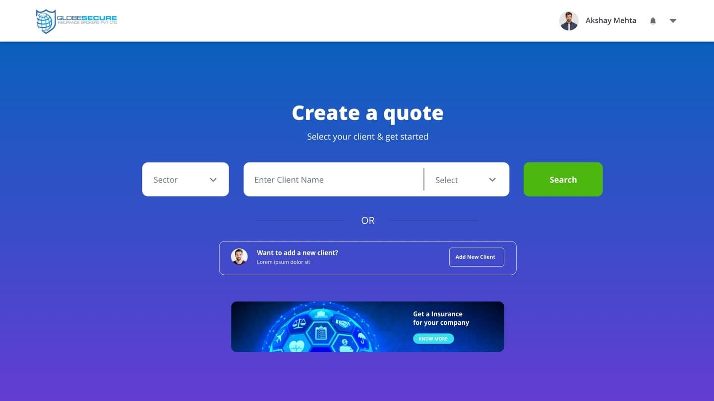 Create a quote, client selection step with sector and client search.