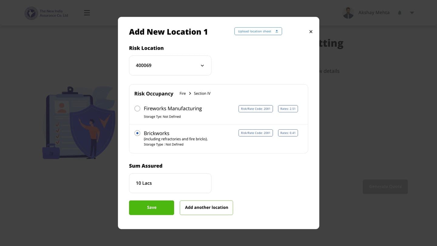 Add New Location modal capturing risk occupancy and sum assured.