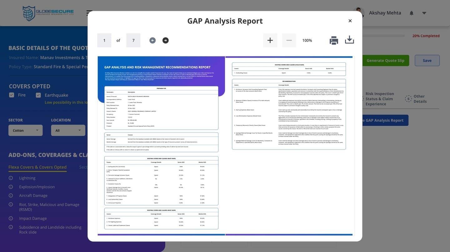 Generated multi-page GAP Analysis and risk recommendations report.