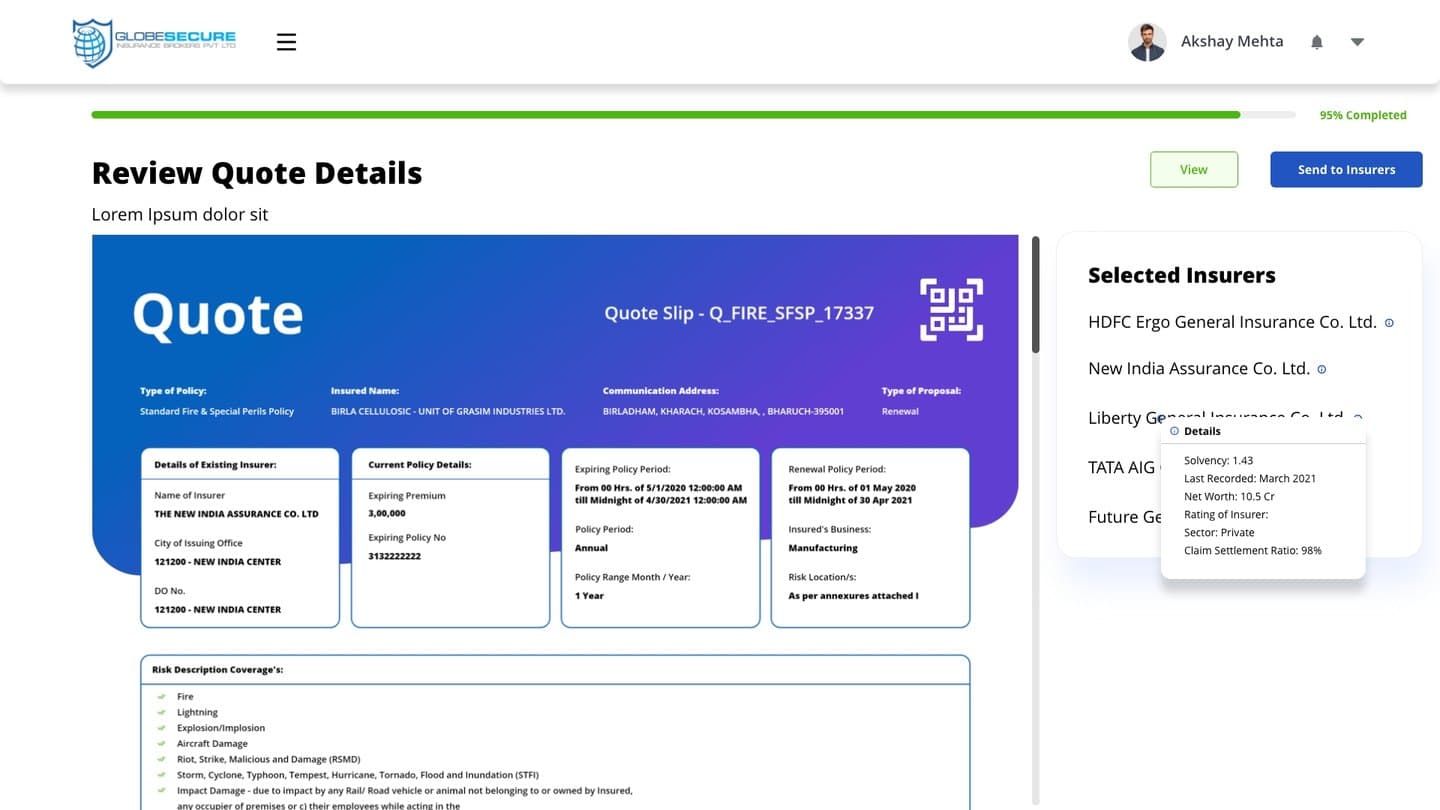 Review quote details before sending to insurer.
