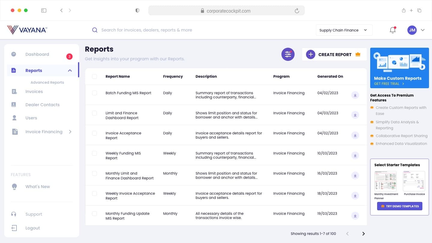 Self-serve report builder listing saved and available reports.