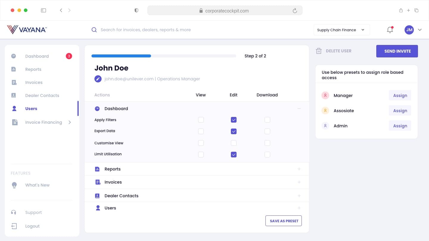 Role assignment screen with preset permission sets.