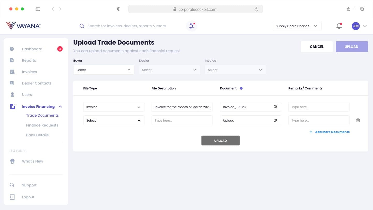 Trade document upload flow.