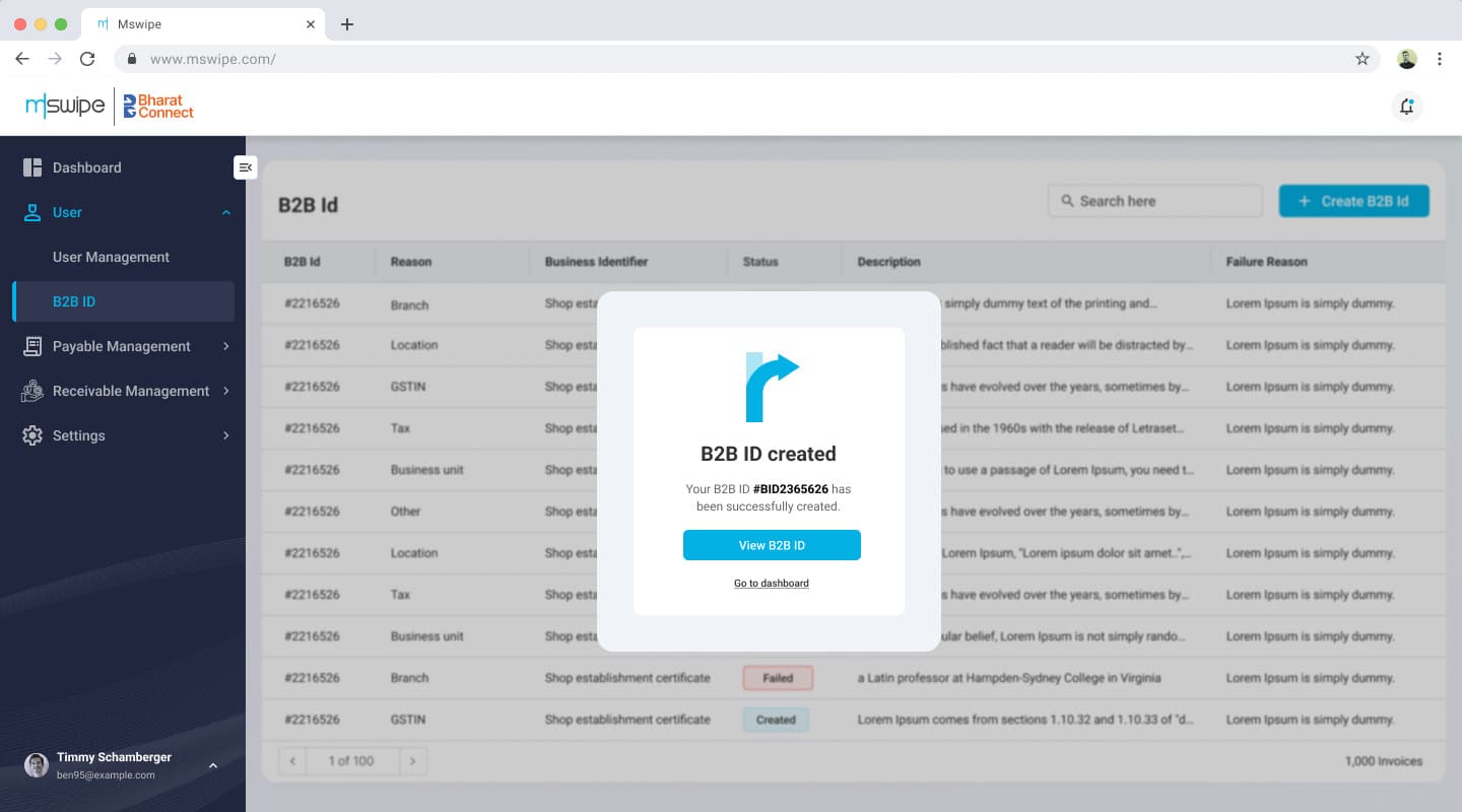 B2B ID created confirmation popup.