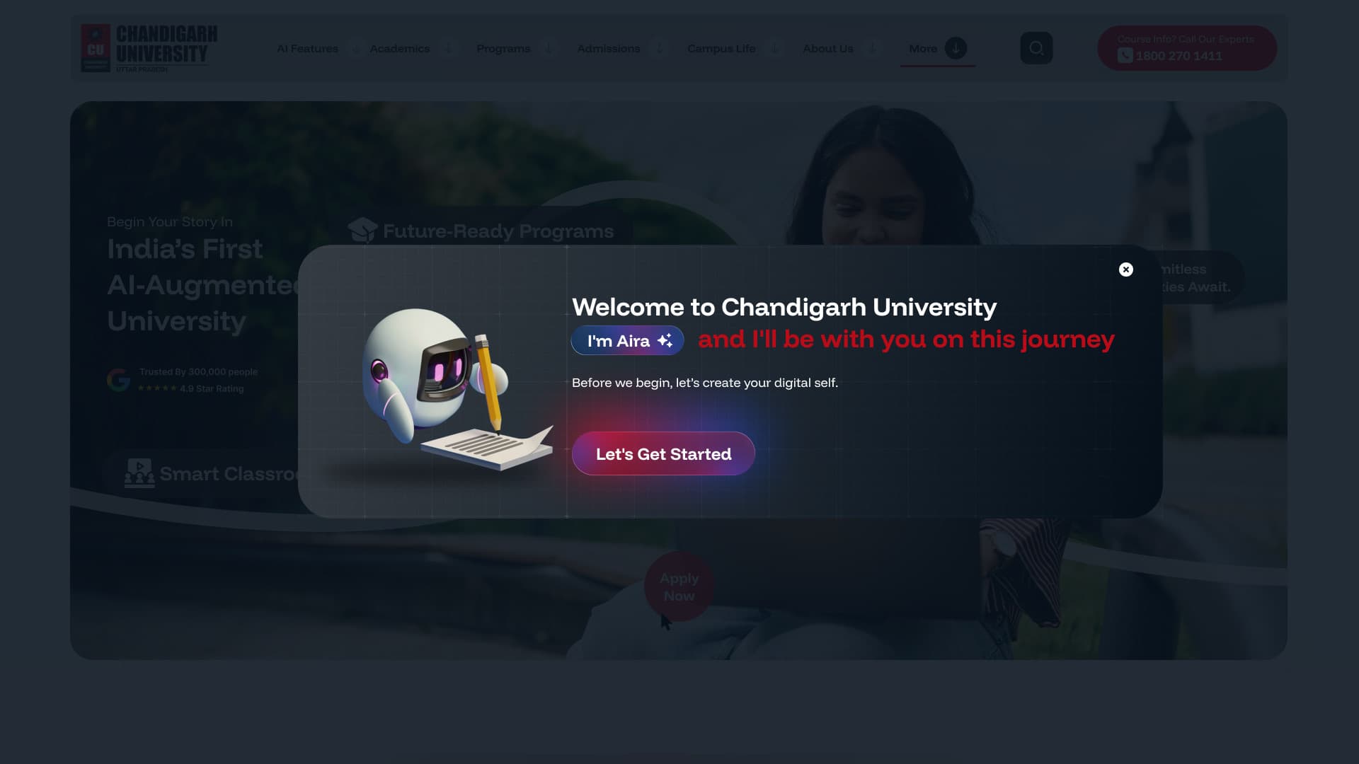 Chandigarh University assistant, get started screen.