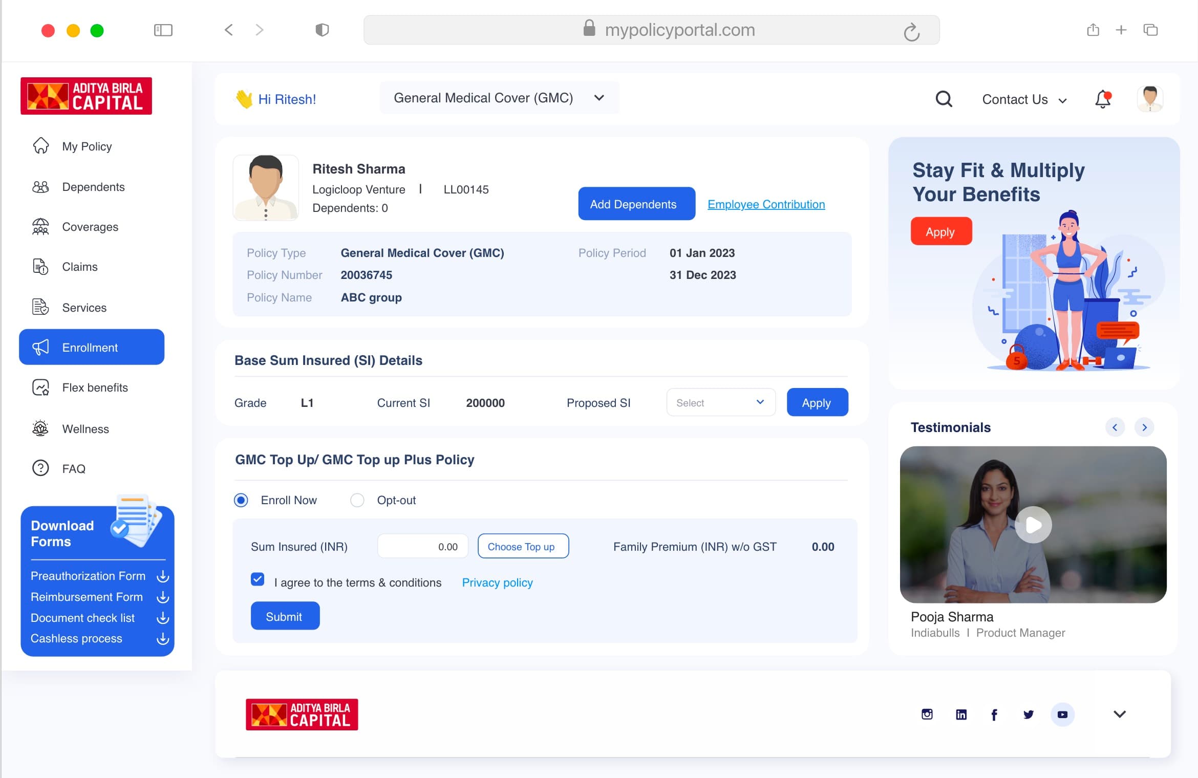My Policy portal, services.