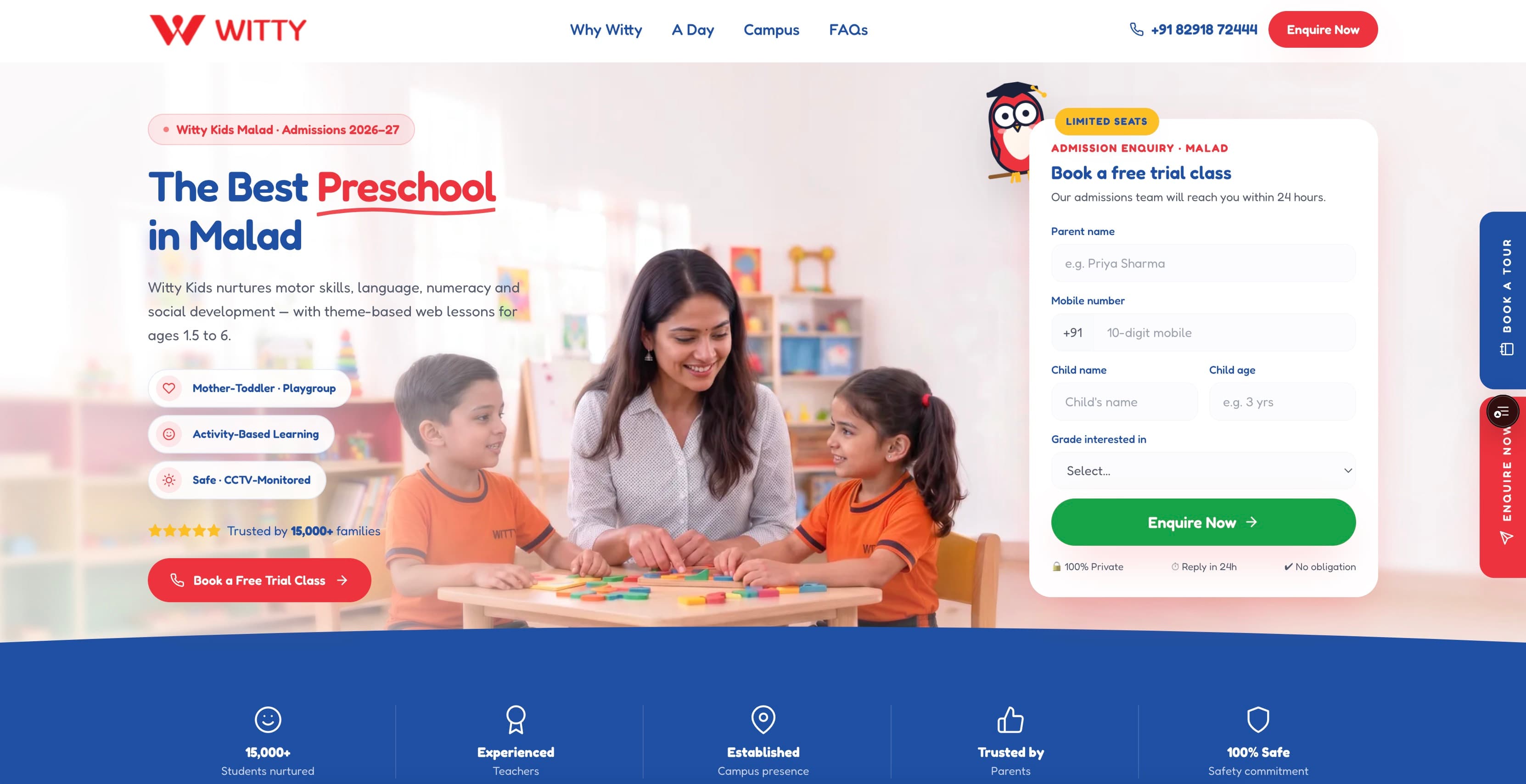 Witty Kids preschool landing page, hero.