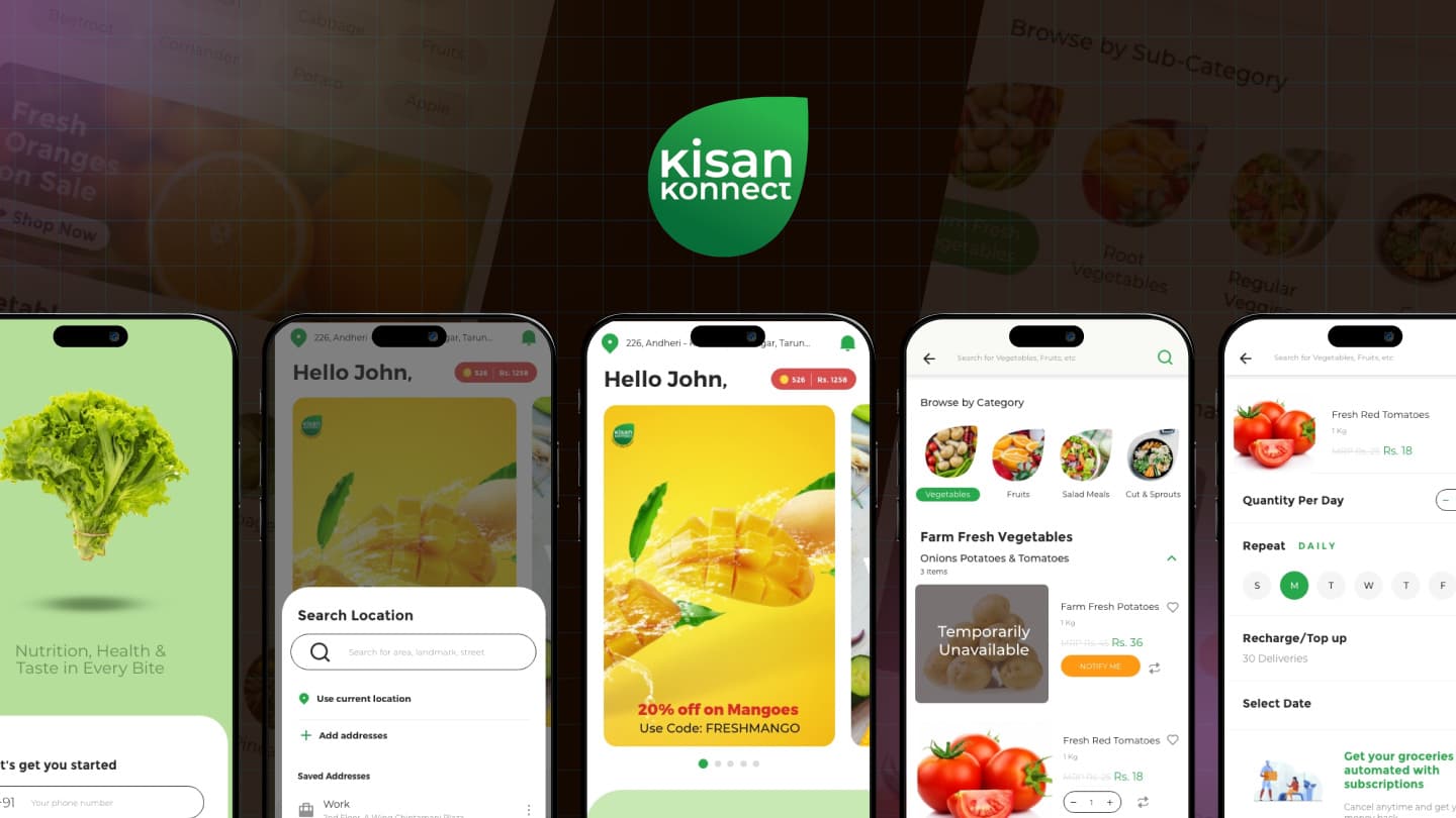KisanKonnect hero - the mobile storefront and subscription screens composed over a branded backdrop.