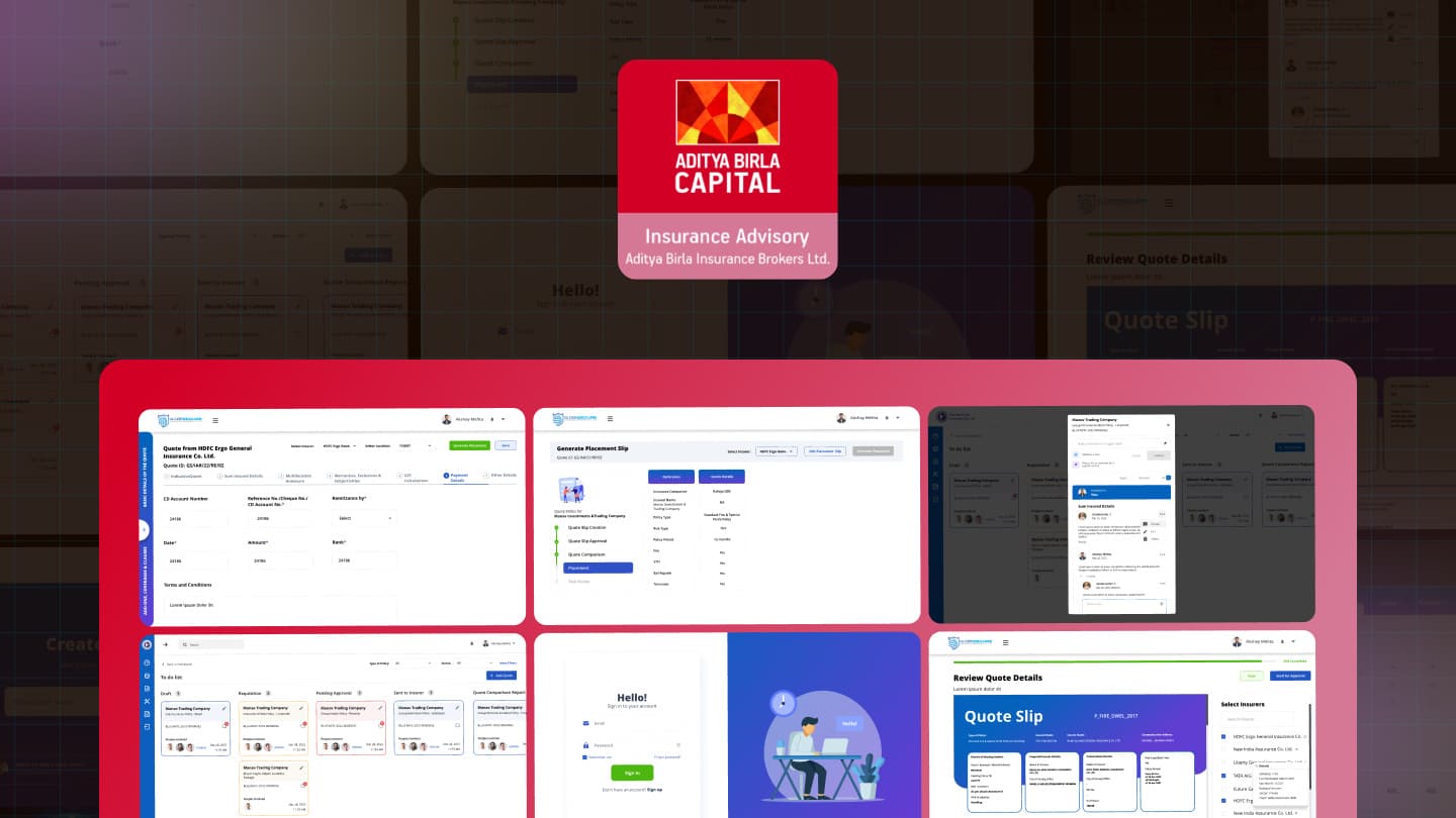 Quote Management System hero - the quote builder and comparison report screens composed over a branded backdrop.