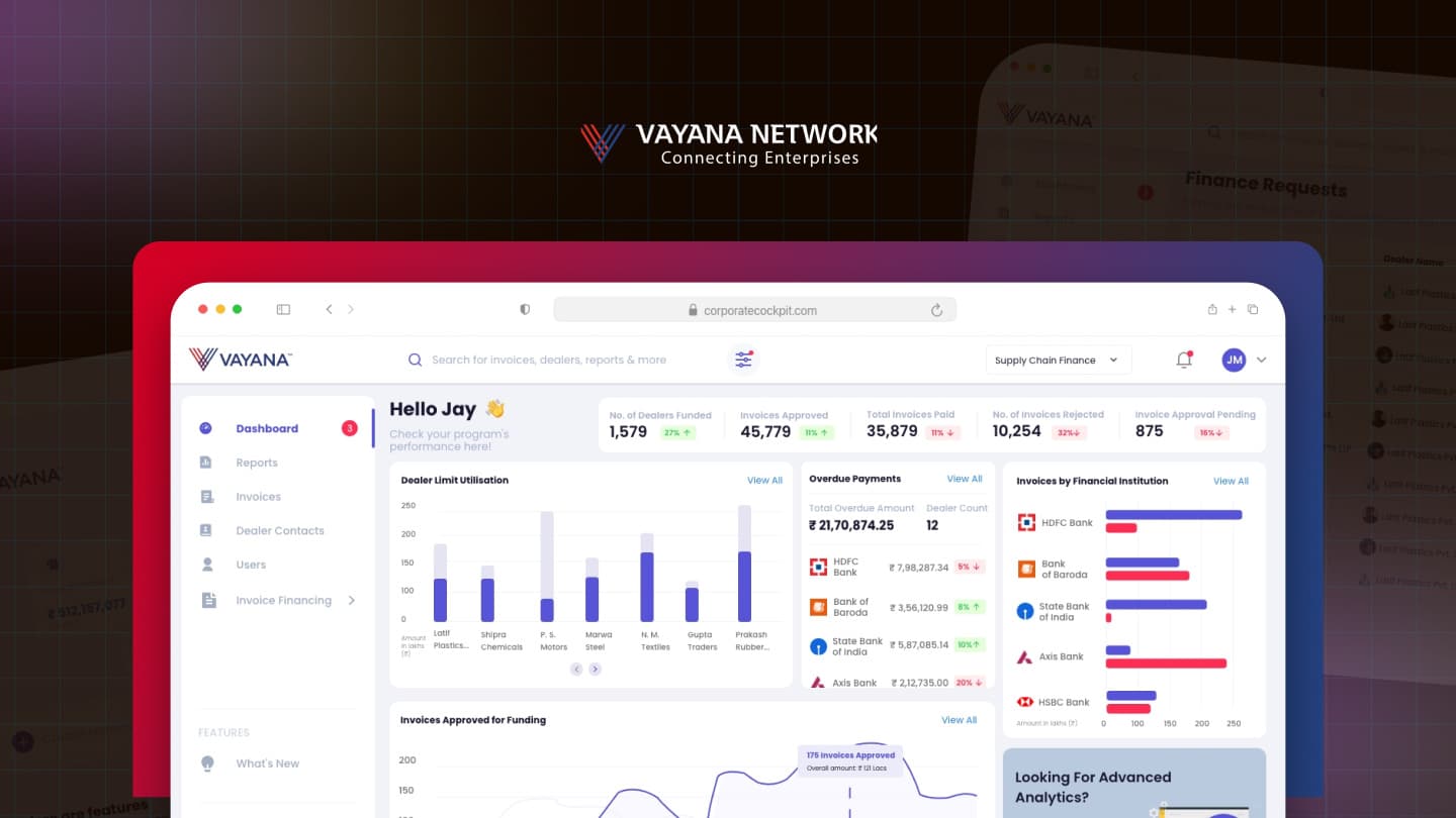 Vayana Corporate Cockpit hero - the KPI dashboard and programme analytics screens composed over a branded backdrop.